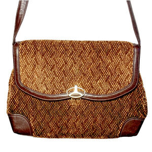 Vintage Chenille Corduroy Crossbody Bag Leather Lock Mod Retro‎ Mob Wife Y2K